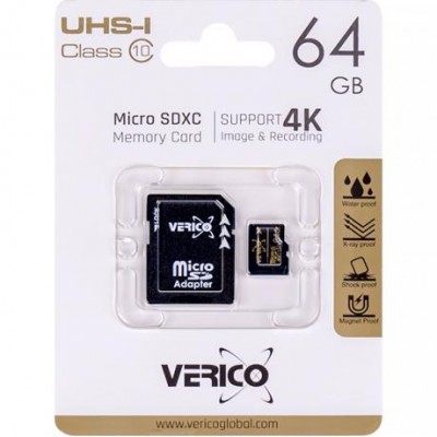 Карта памяти Verico MicroSDXC 64GB Cl10 (UHS-1)+SD adapter 1MCOV-MAX963-NN 600470/30582