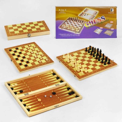 Шахи С 45001 (72) 3в1, дерев'яна дошка, дерев'яні шахи