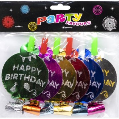 Набір карнавальних фольгованих свистків з кругом "Happy birthday"кольорові 6 штук 1698-10