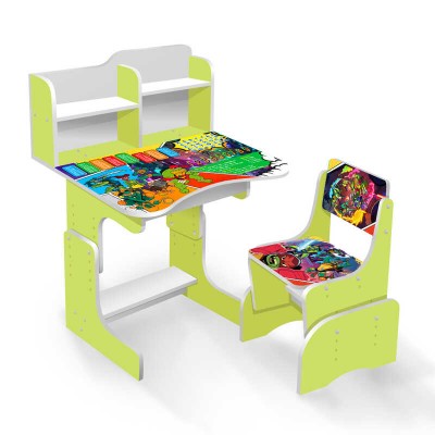 Парта шкільна Супер Черепашки ПШ010 ЛДСП, колір салатовий, 69*45 см, + 1 стілець, з пеналом