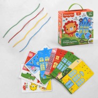Ігра-шнурівка "Fisher Price. Кольорові будиночки" VT 5303-26 (14) "Vladi Toys", на липучці, 4 ігрові картки, 16 ігрових елементів