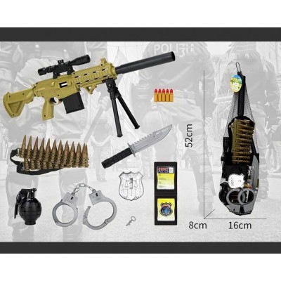 Дитячий набір для війнушек JL 555-11 (60/2) гвинтівка, патрони, ніж, наручники, жетон, граната зі звуком, у сітці в магазині autoplus, з доставкою по Україні, краща ціна