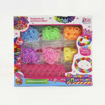 Кольорове плетіння резиночки 27237 (36/2) "4FUN Game Club", 6 кольорів резинок, верстат, гачок, у коробці