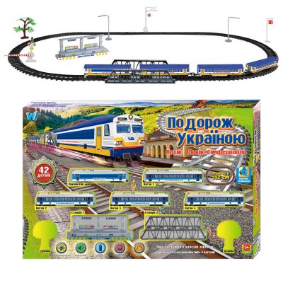 Залізниця 11500 (24) "WToys", ОЗВУЧУВАННЯ УКР. МОВОЮ, 42 деталі, звуки, пісня, озвучені репліки, локомотив, 4 вагони, муляжі оточення